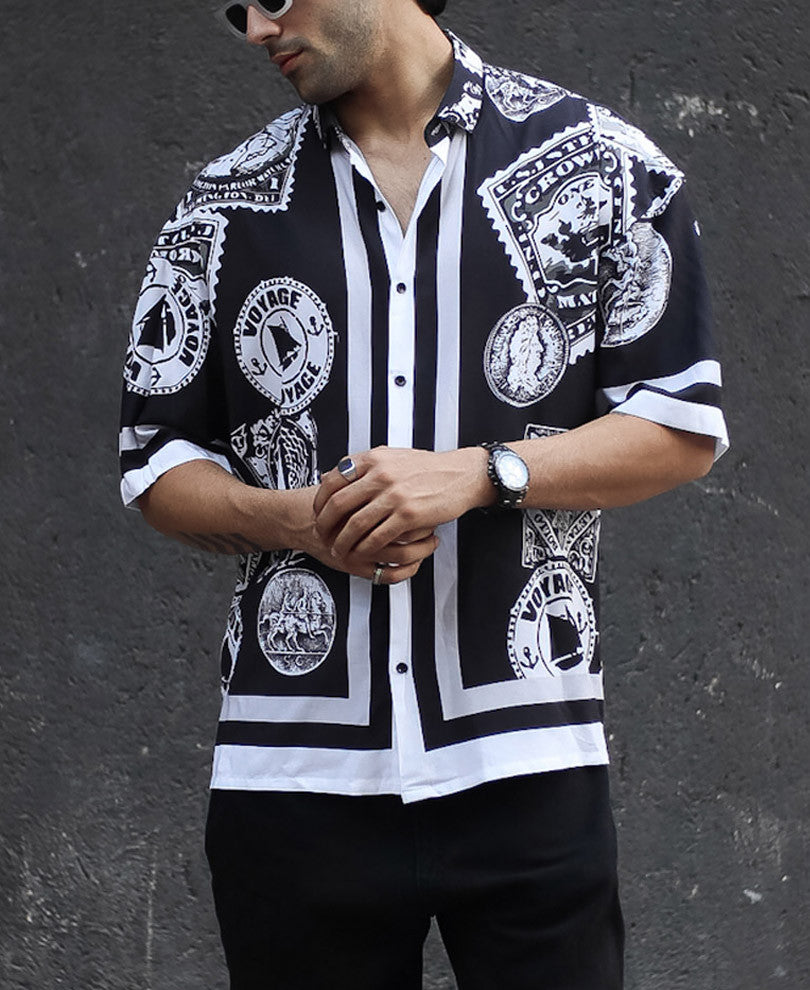 Black Voyage Print Oversize Drop Shoulder Shirt