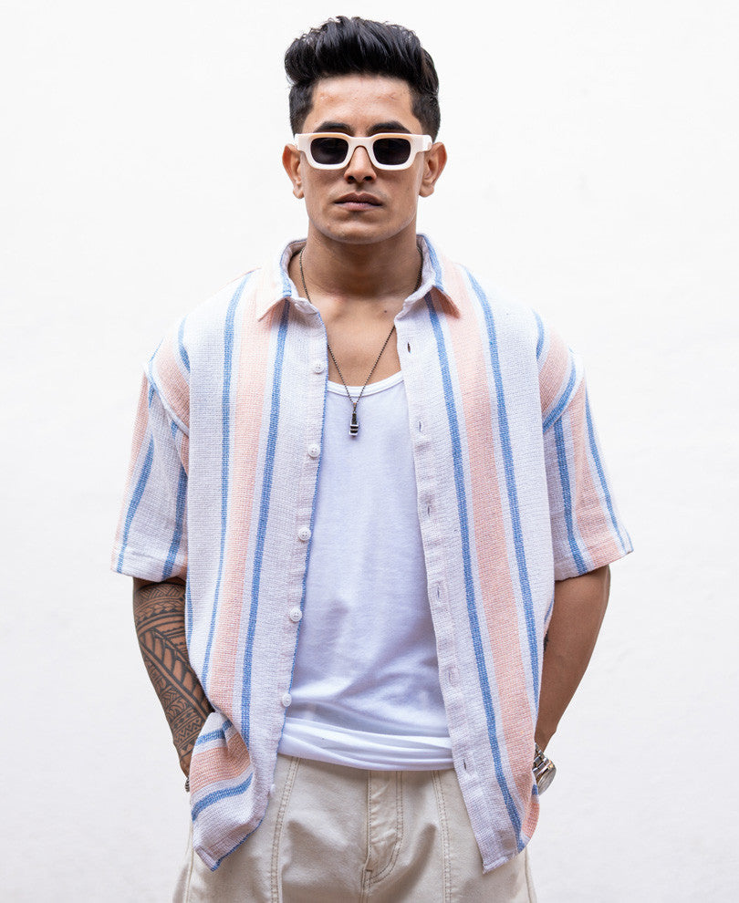 Peach Striped Structured Oversize Drop Shoulder Shirt