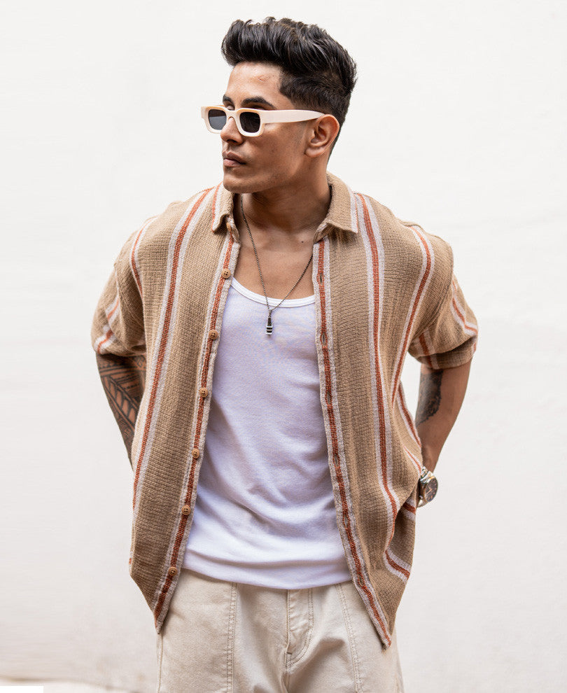 Beige Striped Structured Oversize Drop Shoulder Shirt