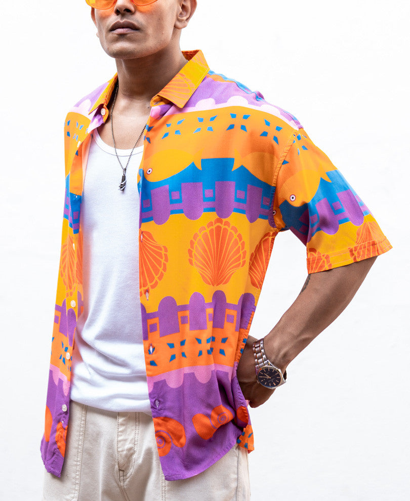 Multi Color Seashell Print Oversize Drop Shoulder Shirt