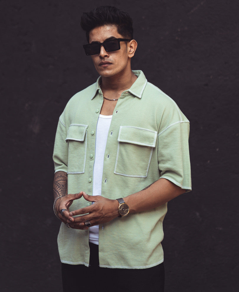 Pista Green Contrast Stitch Knitted Oversize Drop Shoulder Shirt