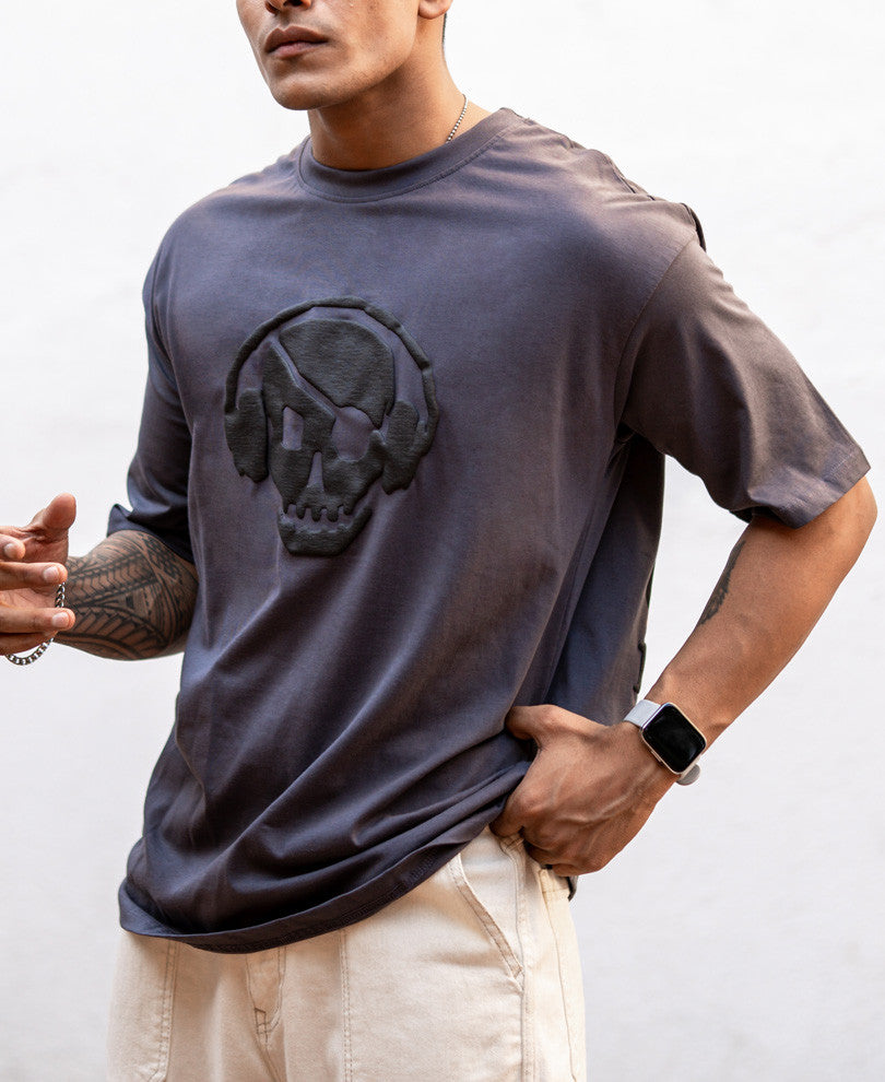 Dark Grey Lost Yourself In Music Back Print Oversize Drop Shoulder T Shirt