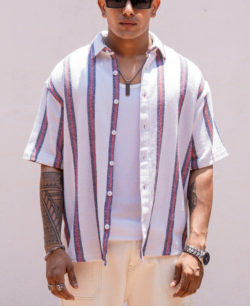 White Striped Structured Oversize Drop Shoulder Shirt