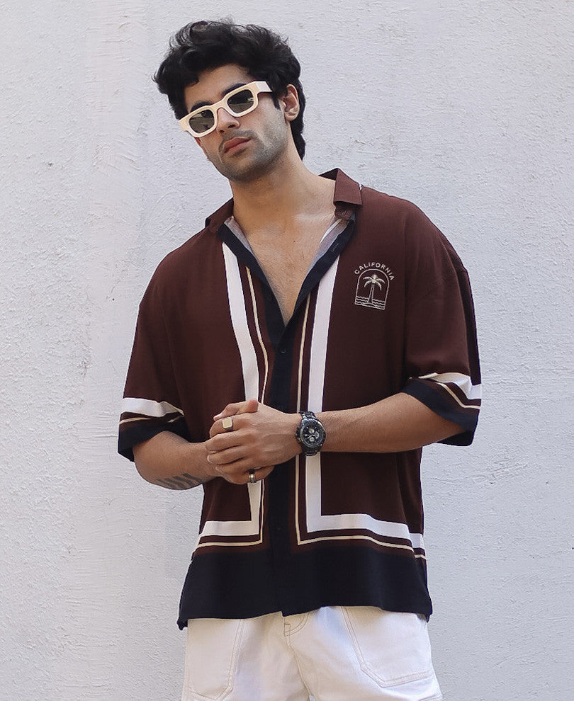 Brown California Back Print Oversize Drop Shoulder Shirt
