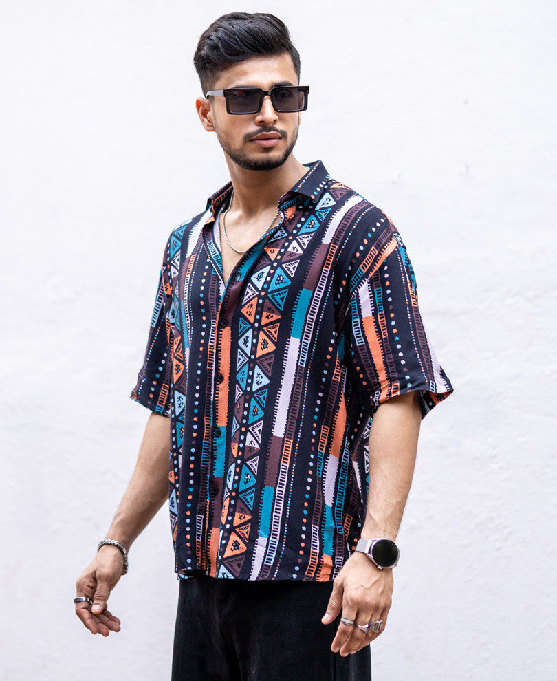 Multi Color Ethnic Print Oversize Drop Shoulder Shirt