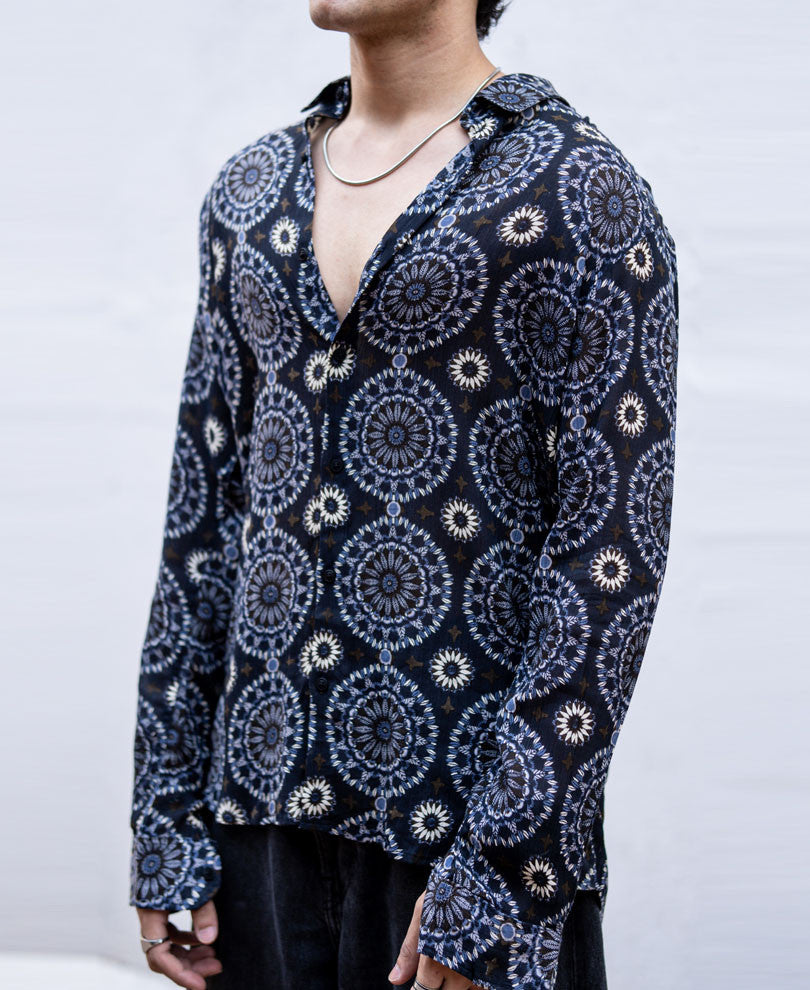 Navy Blue Floral Print Full Sleeves Shirt