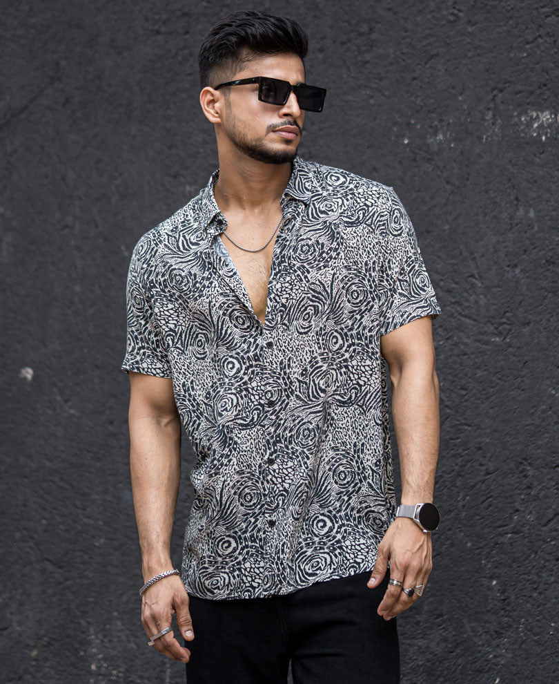Black And White Animal Print Half Sleeves Shirt