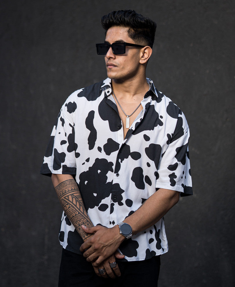 Black And White Animal Print Oversize Drop Shoulder Shirt