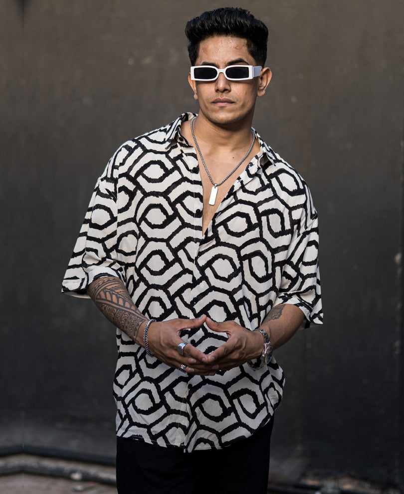 Black Geometric Print Oversize Drop Shoulder Shirt