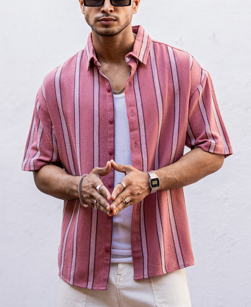 Pink Striped Structured Oversize Drop Shoulder Shirt