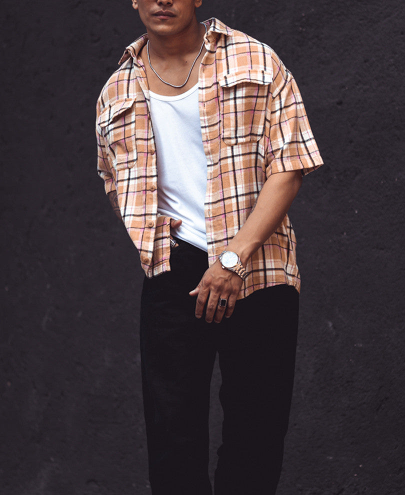 Cream Flap Pocket Checks Oversize Drop Shoulder Shirt