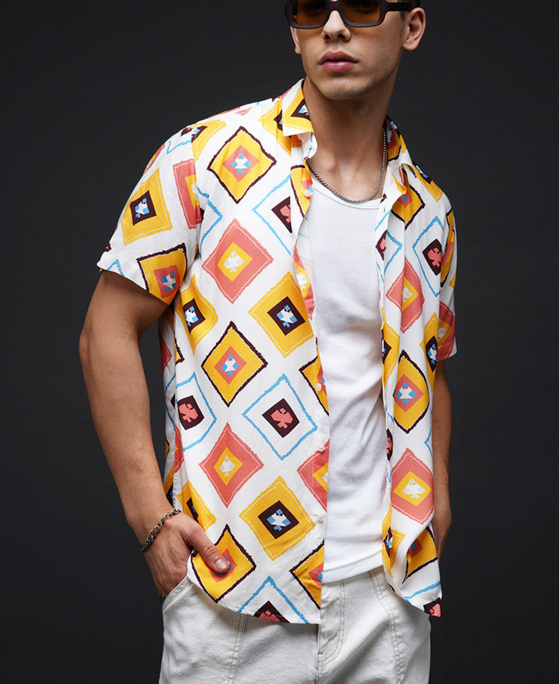 White And Mustard Diamond Print Half Sleeve Shirt