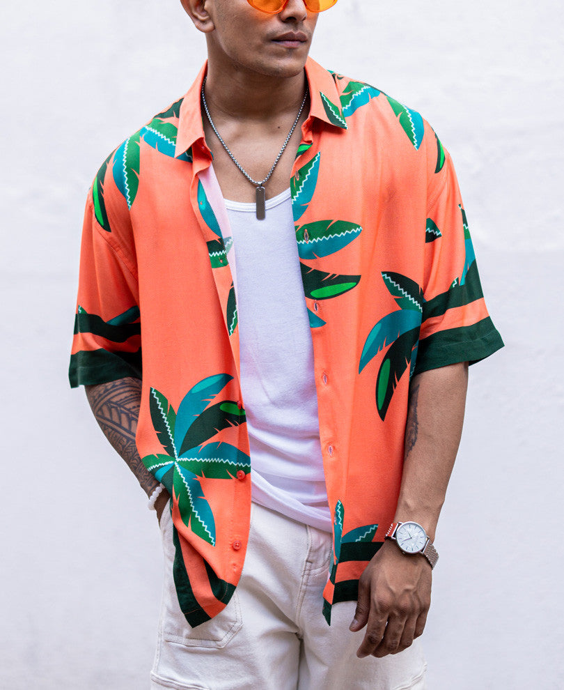 Orange Palm Leaves Print Oversize Drop Shoulder Shirt