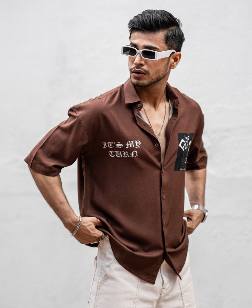 Brown It's My Turn Back Print Oversize Drop Shoulder Shirt