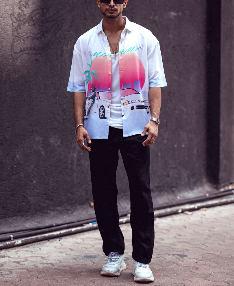 White Miami Print Oversize Drop Shoulder Shirt