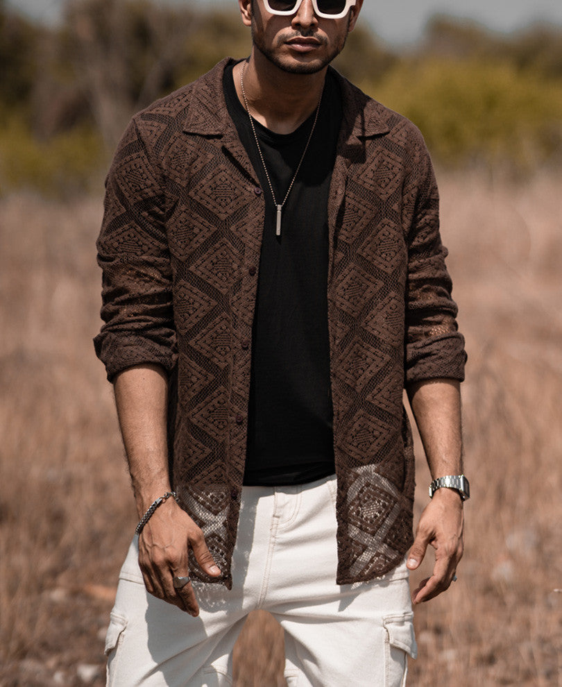 Dark Brown Sheer Pattern Full Sleeves Shirt