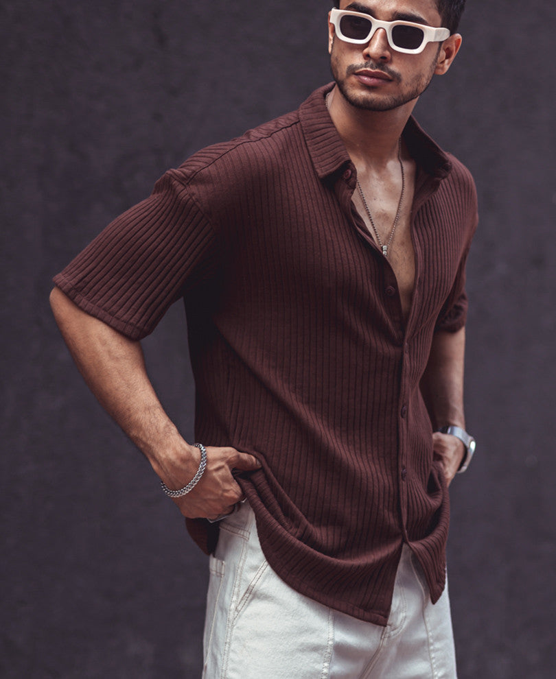 Brown Rib Knit Oversize Drop Shoulder Shirt