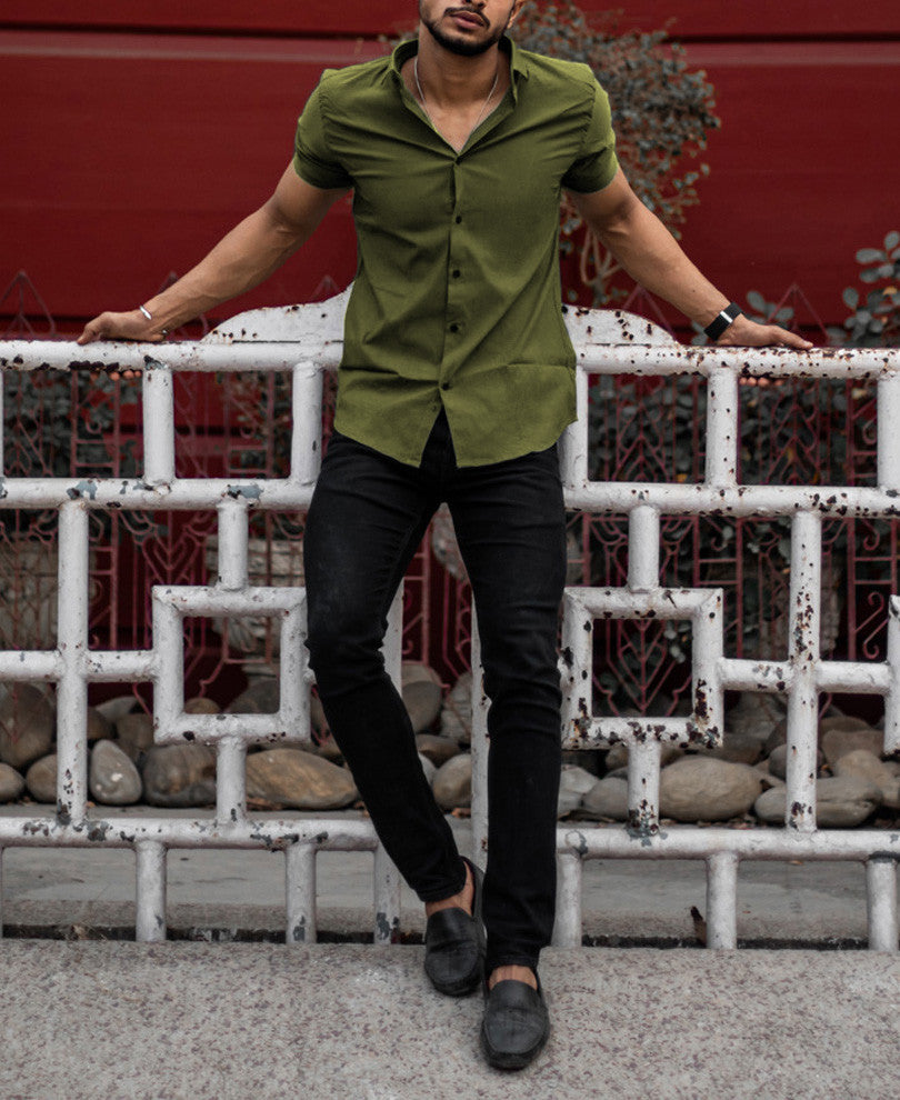 Urban Olive Green Stretchable Solid Half Sleeves Shirt