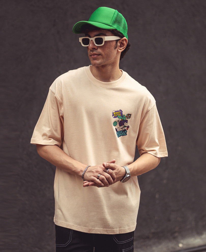 Beige Stay Cool Back Print Oversize Drop Shoulder Tshirt