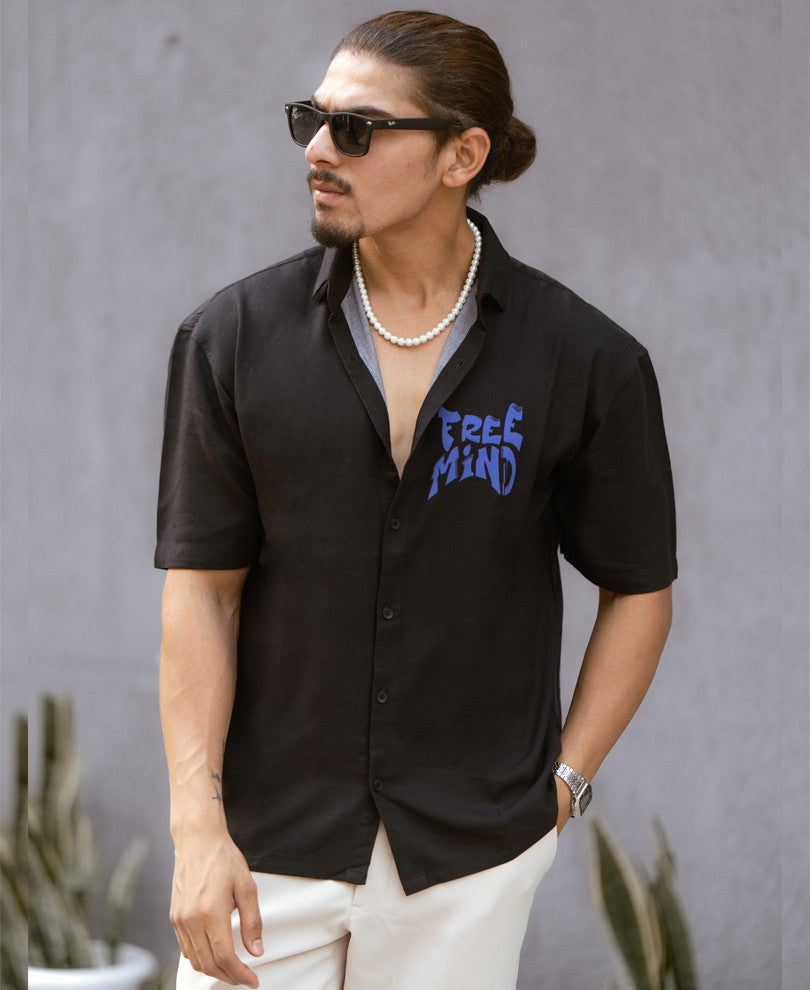 Black Free Mind Back Print Oversize Drop Shoulder Shirt