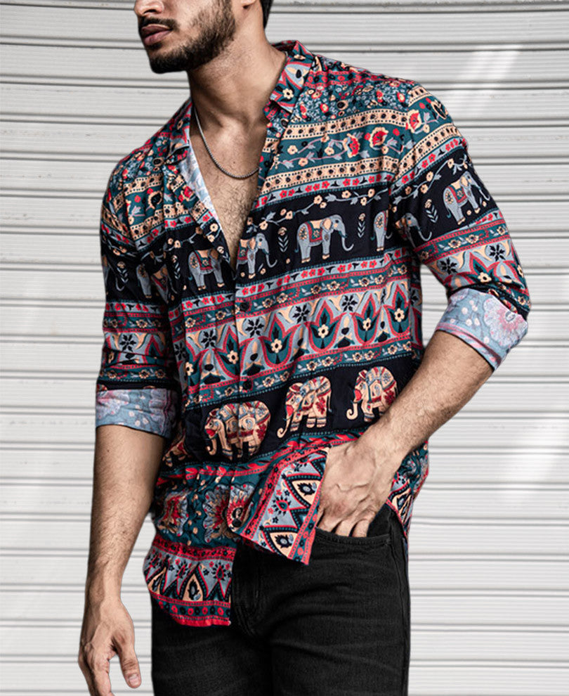 Mint Green Tribal Print Full Sleeves Shirt