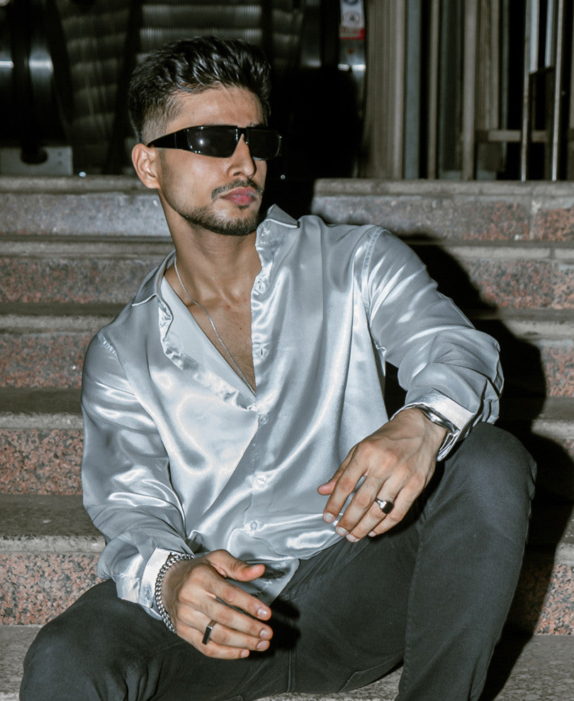 Silver Color Satin Full Sleeves Shirt