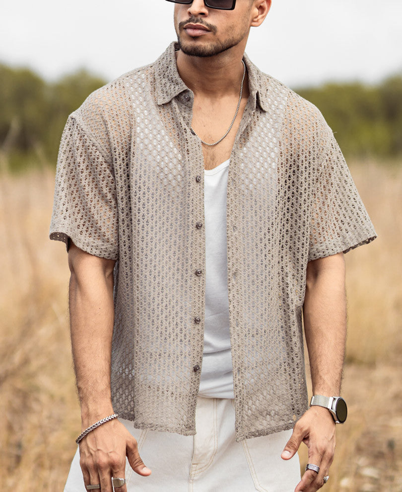 Light Grey Sheer Pattern Oversize Drop Shoulder Shirt