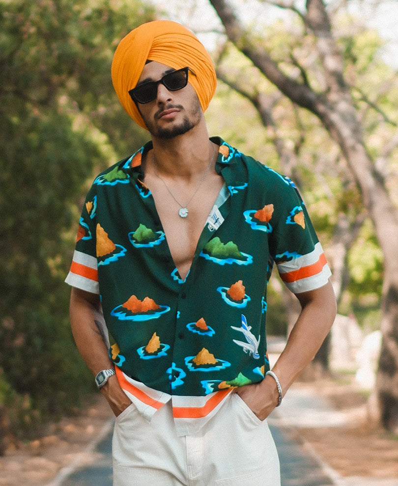 Green Hawaiian Print Half Sleeves Shirt