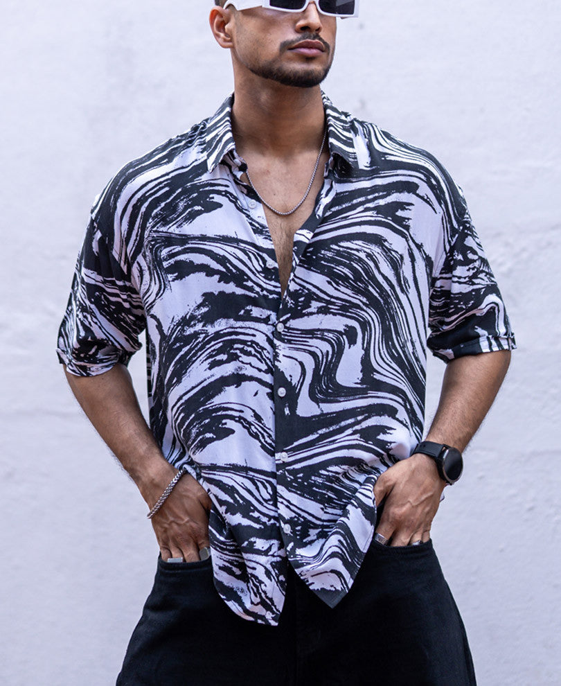 Black Abstract Print Oversize Drop Shoulder Shirt