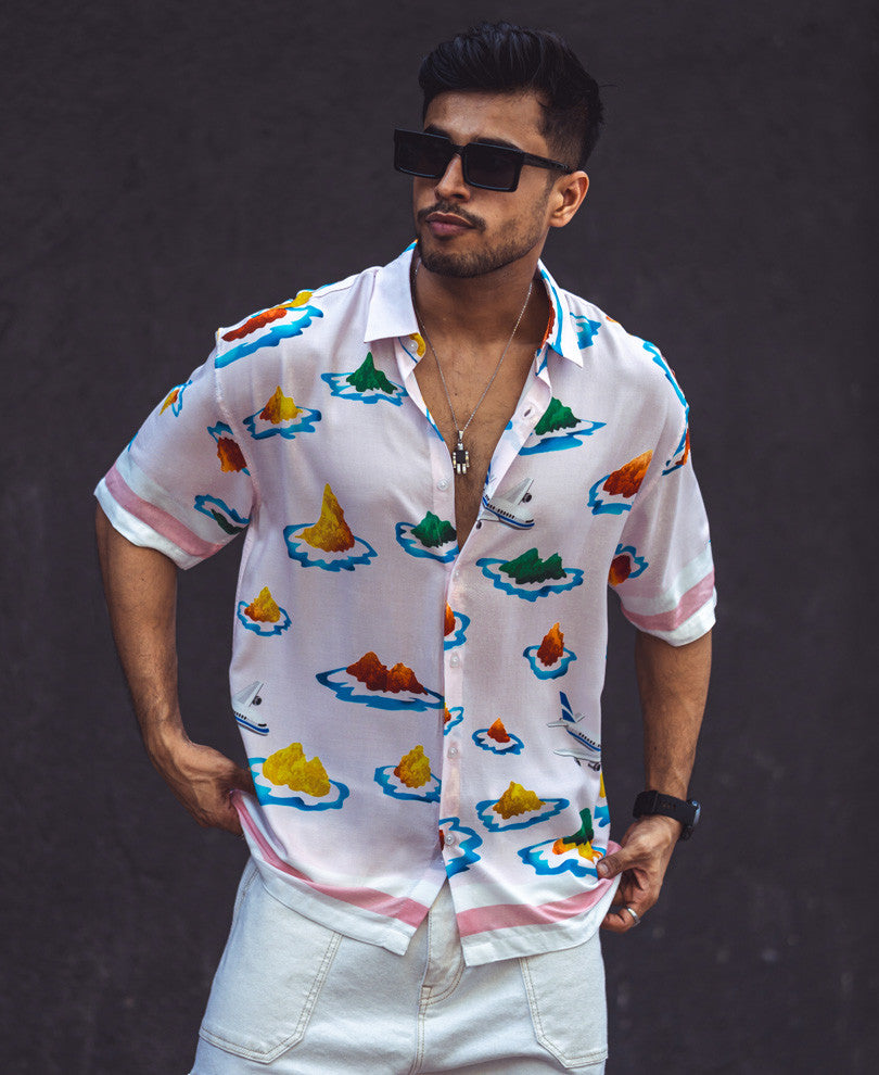 Light Pink Island Print Oversize Drop Shoulder Shirt