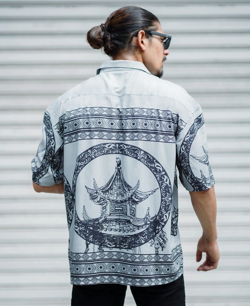 Grey Vintage Print Oversize Drop Shoulder Shirt