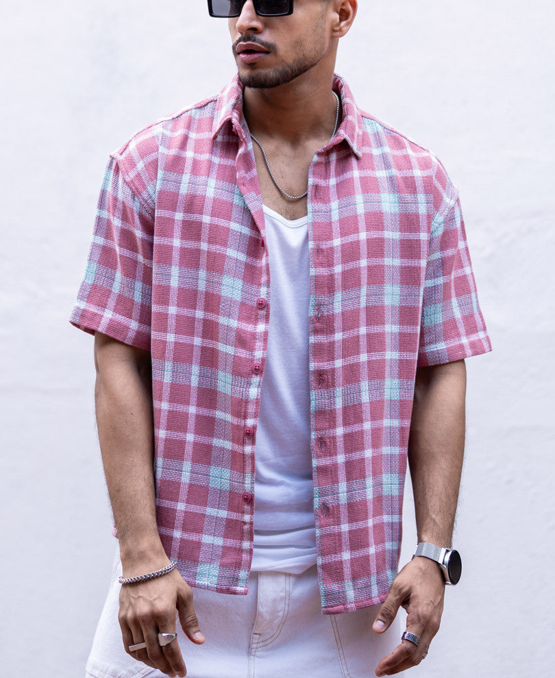Light Maroon Checks Oversized Drop Shoulder Shirt