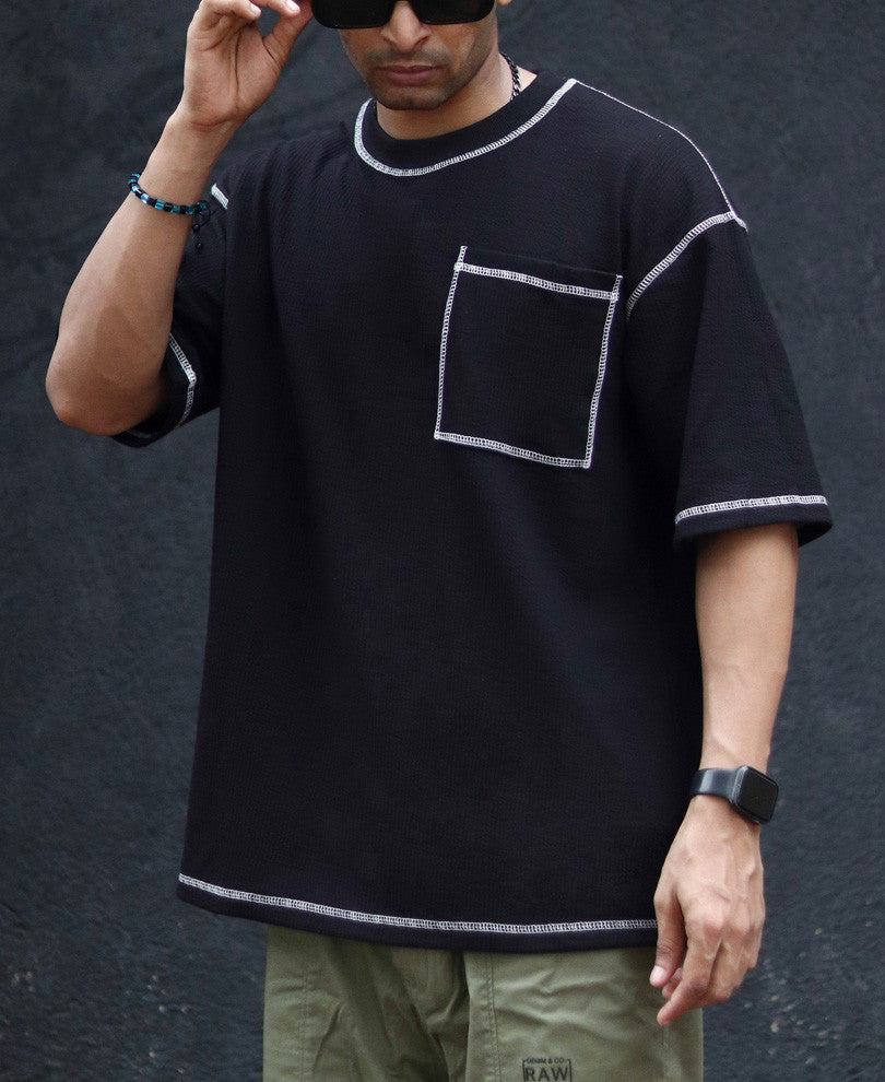 Black Contrast Stitch Oversize Drop Shoulder T Shirt