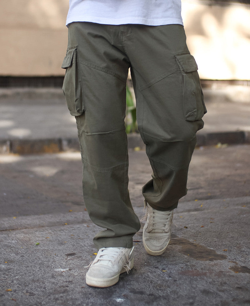 Olive Green Cargo Pocket Baggy Fit Jeans