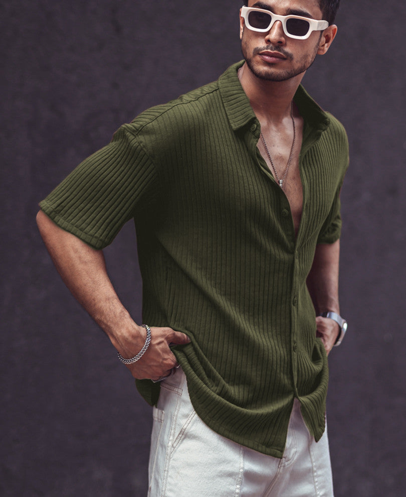 Olive Green Rib-Knit Oversize Drop Shoulder Shirt