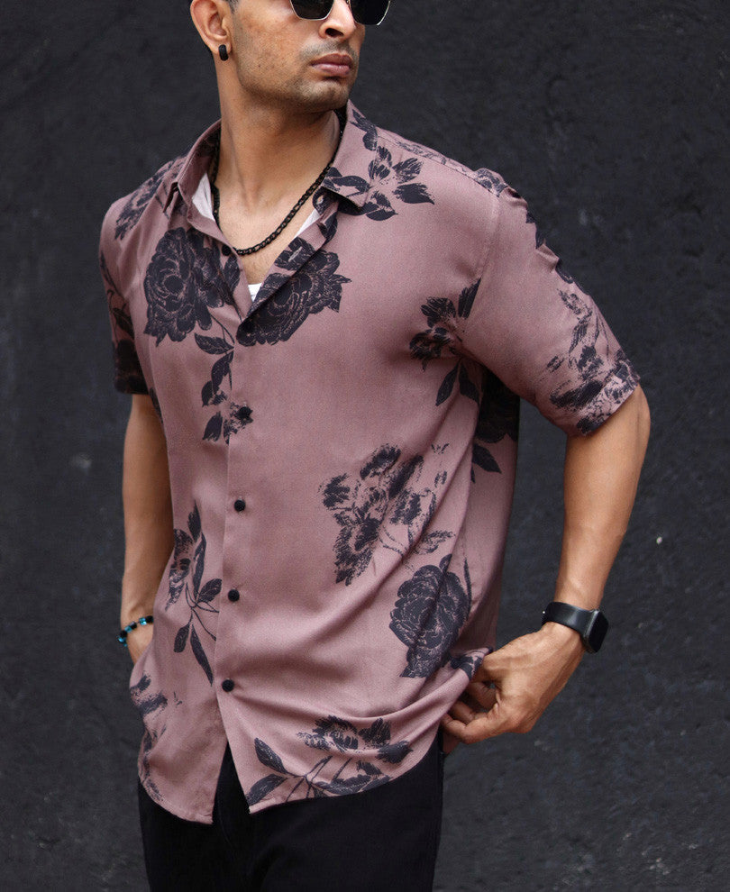 Light Brown With Black Rose Print Half Sleeves Shirt