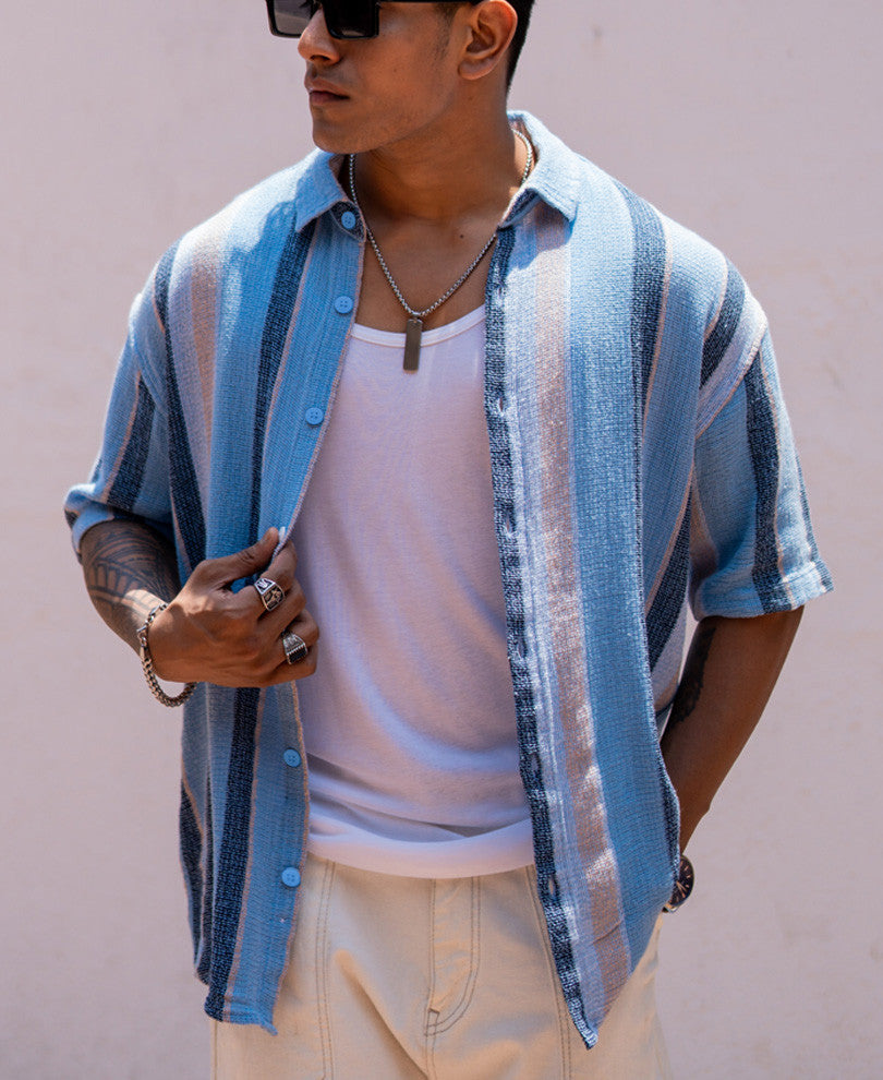 Sky Blue Striped Structured Oversize Drop Shoulder Shirt