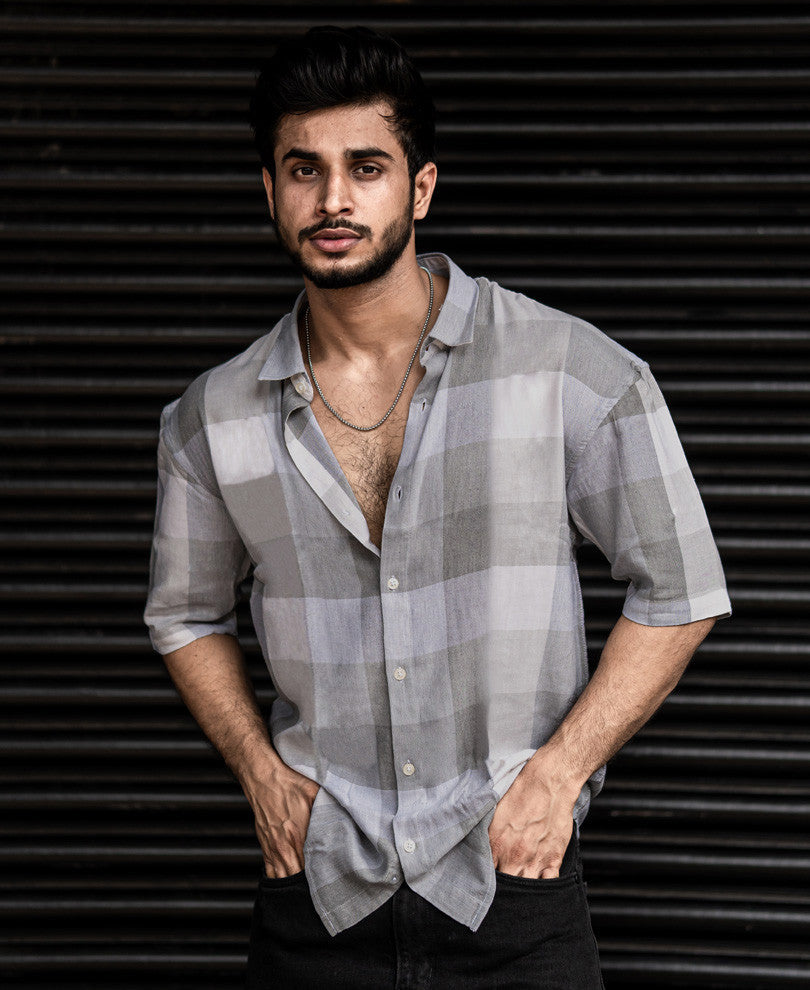 Light Grey Checks Oversize Drop Shoulder Shirt