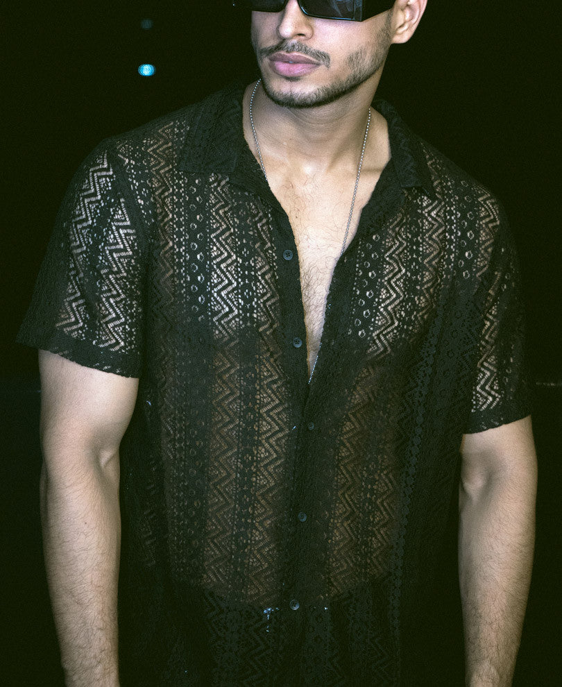 Black Sheer Pattern Half Sleeves Shirt