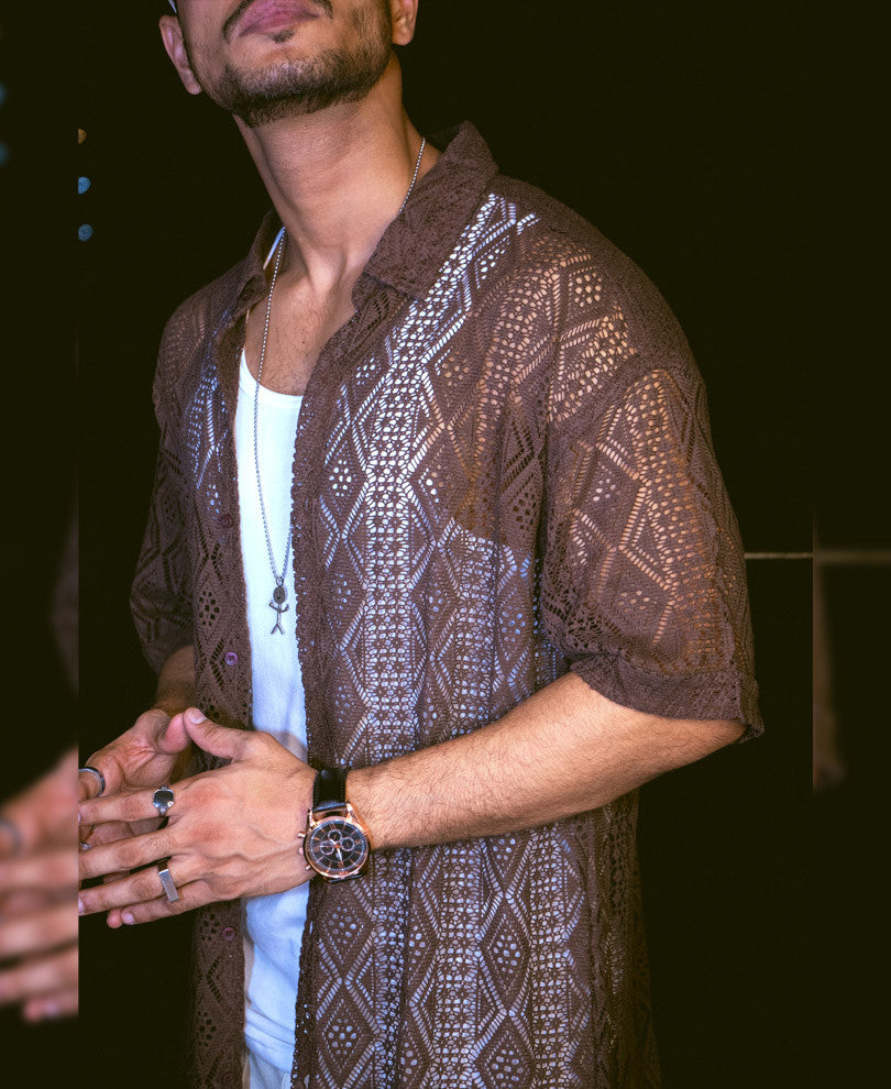 Dark Brown Sheer Pattern Oversize Drop Shoulder Shirt