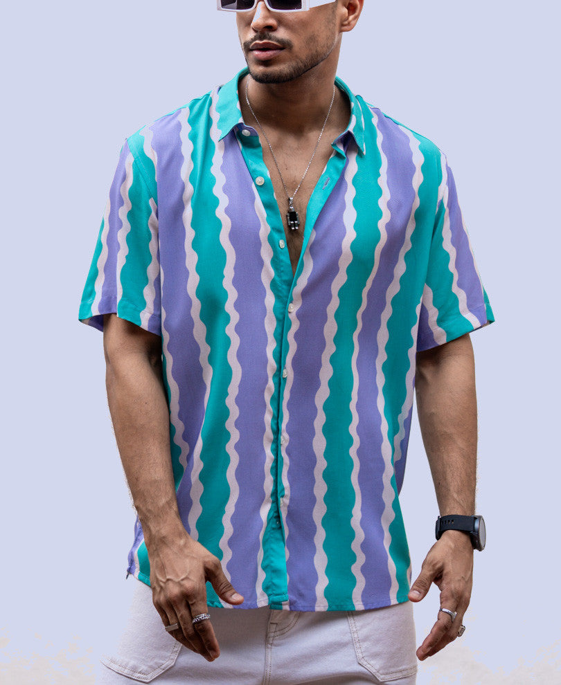 Purple And Green Striped Half Sleeves Shirt