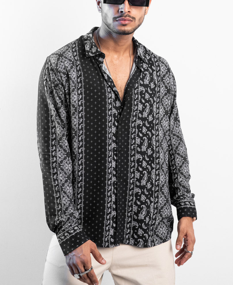 Black Ethnic Motifs Print Oversize Drop Shoulder Shirt
