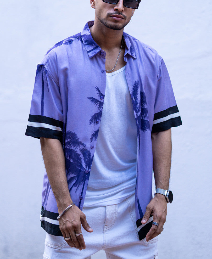 Purple Palm Tree Print Oversize Drop Shoulder Shirt