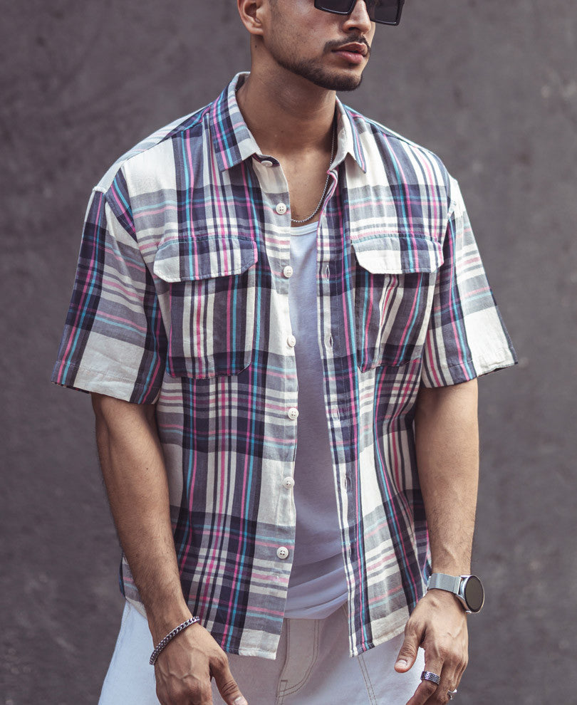 Multi Color Pocket Checks Oversize Drop Shoulder Shirt