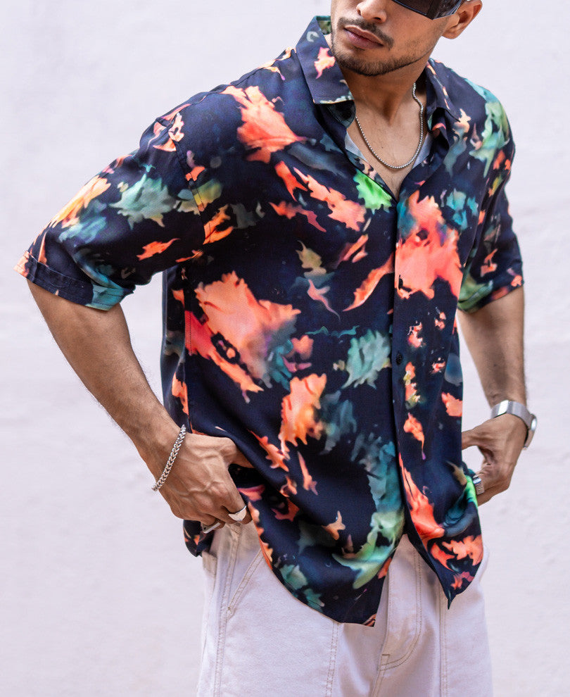 Navy Blue Tie Dye Print Oversize Drop Shoulder Shirt