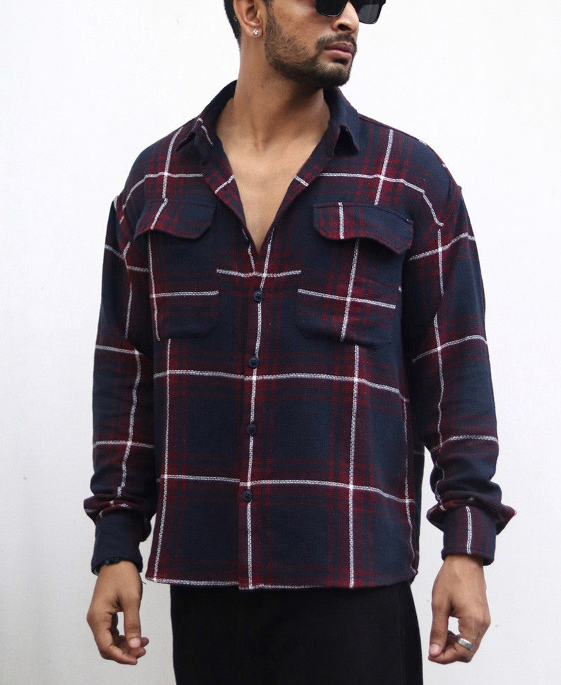 Maroon And Navy Blue Structured Checks Shacket Oversize Drop Shoulder Shirt