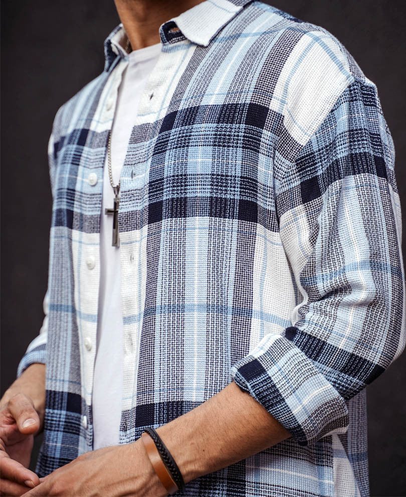 White and Blue Structured Checks Oversize Drop Shoulder Shirt