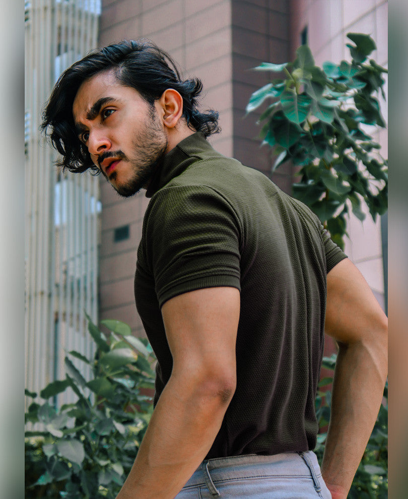 Olive Green Plain Polo Neck Half Sleeves T Shirt