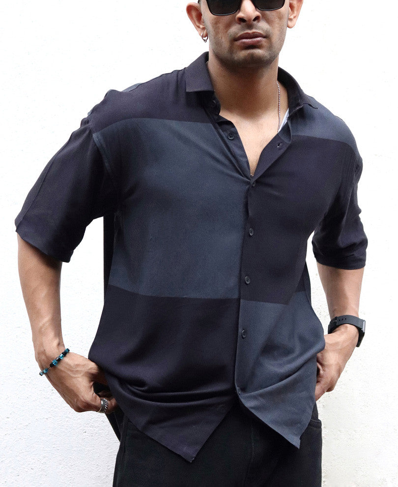 Black and Grey Colourblocked Oversized Shirt