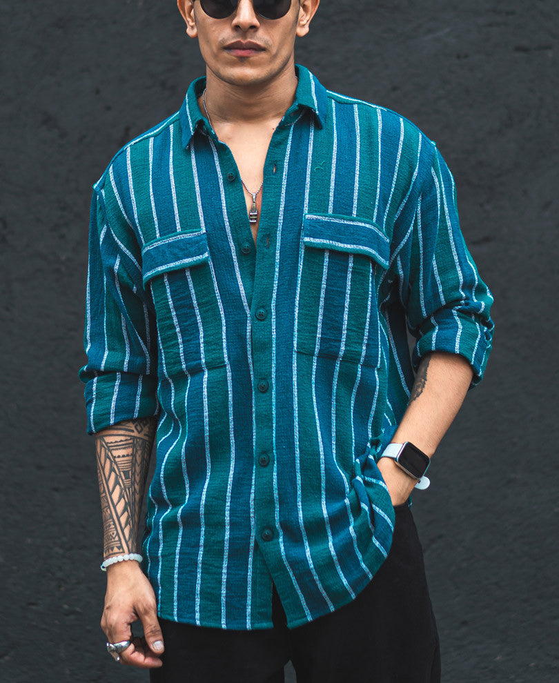 Green and Blue Structured Shacket Striped Oversized Shirt